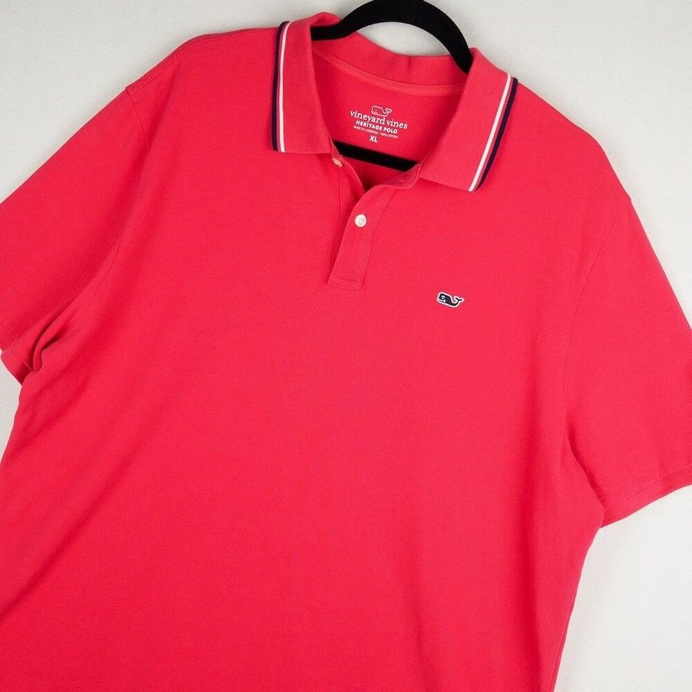 Vineyard Vines Heritage Pique Polo Men XL Pink Tipped Stripe Collar Whale Logo